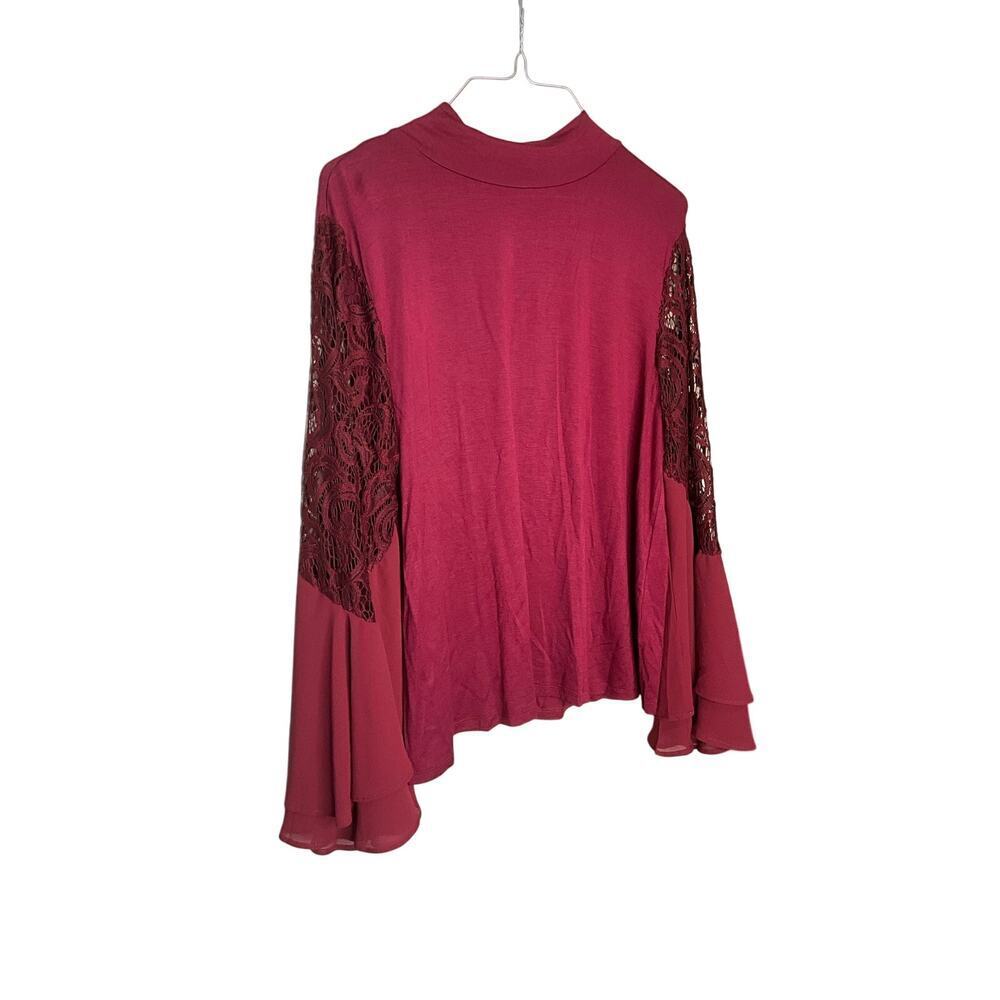 Joseph A. Lace Bell‎ Sleeve Top Mock Neck Pullover Stertch Burgundy Size L NWT